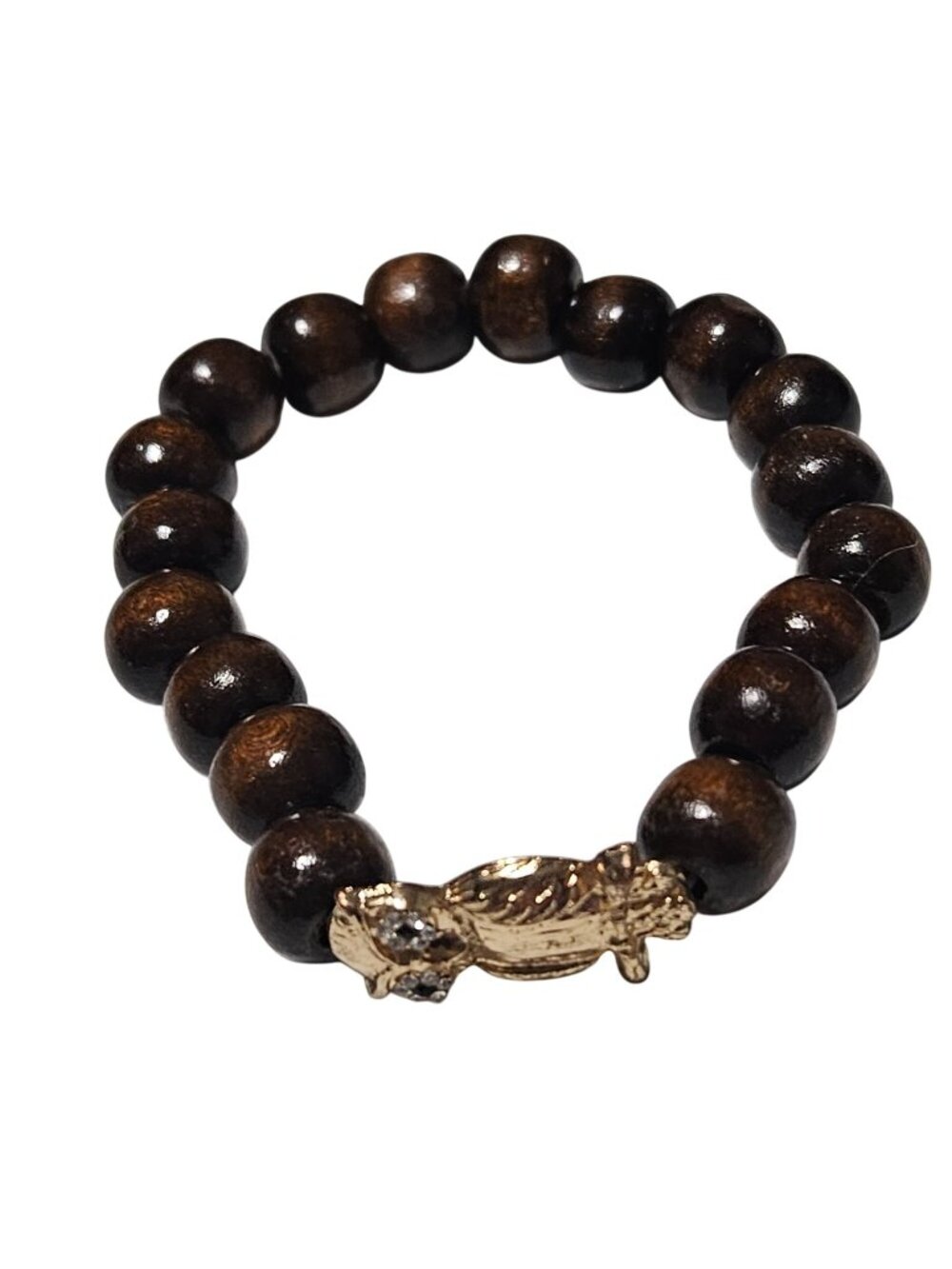 Owl Charm Bracelet Brown Wooden Beads Rhinestone Eyes Gold Tone Stretch Jewelry